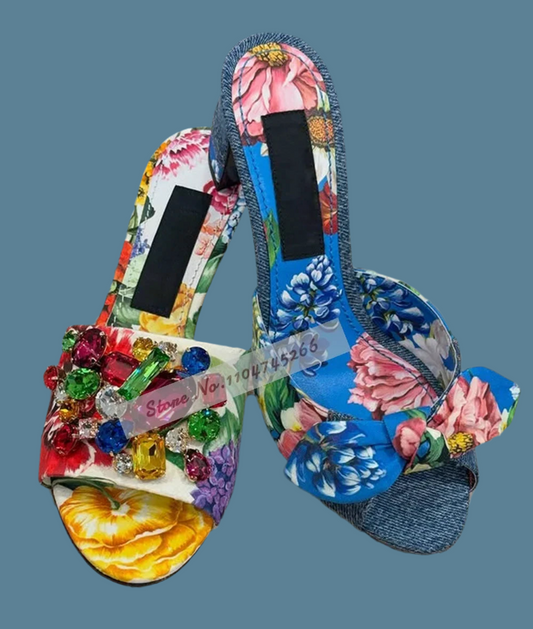 🍒Printed sandals mules floral mid heels red yellow multi-color crystal shoes for women sandals for wedding guests gem stone embellished party slippers for women occasion footwear modern slip on pumps Pump Up Your Foowear Wardrobe