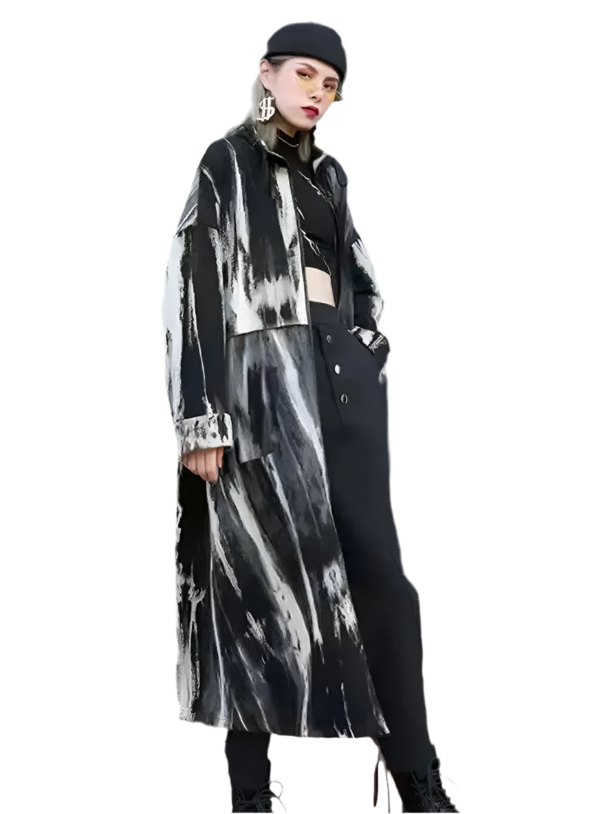 🍒Tie dye trench coat met opstaande kraag, groot grootte, lang buiteklere, lang moue, los pasvorm, windbreker mode lente herfs drag Kry die R'wit Swart Hierdie Seisoen