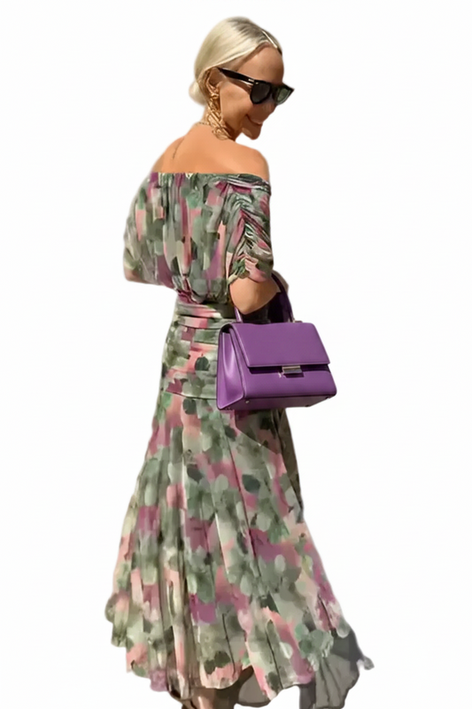 🍒Spring summer printed v-neck mesh off-shoulder dress versatile party outfits for vacation and weddings smart casual chiffon evening dress for women solid feminine clothing Off The Charts Off Shoulder