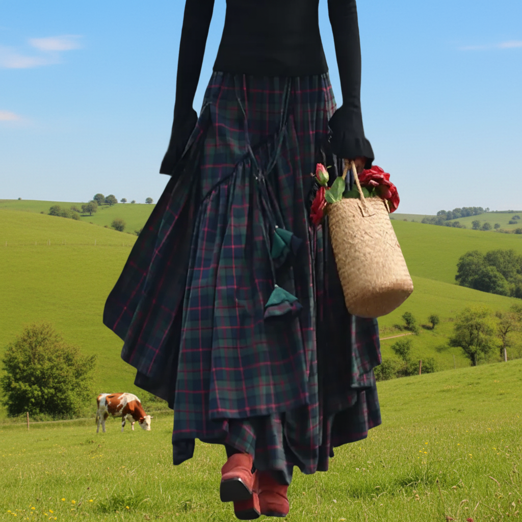 🍒Womens checked long skirt high waist long maxi tartan vintage clothing spring autumn fashion asymmetric flared skirts Get Out Green And Get Out Green