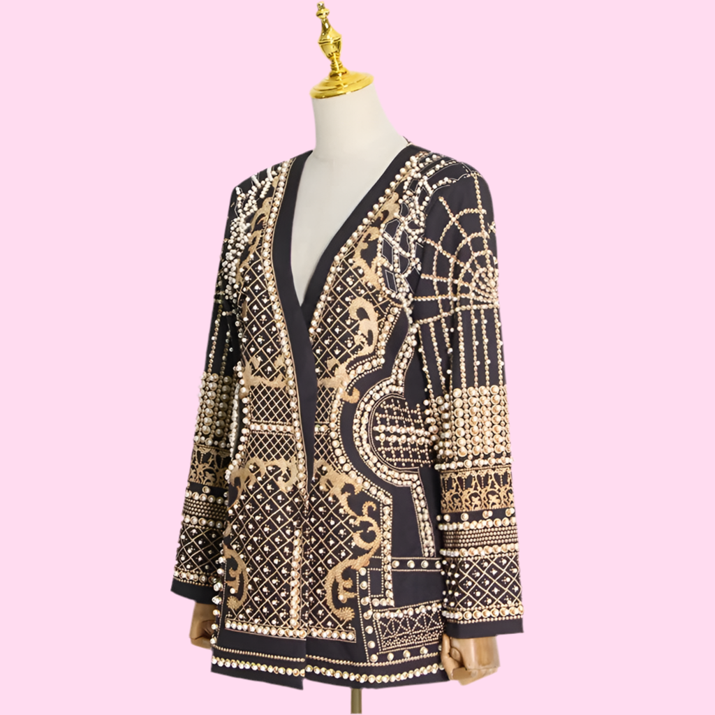 🍒Middellengte-jasse swart blazer met pêrels langmou V-nek-baadjie volmou met ingewikkelde borduurwerk-pêrelbesonderhede nuwerwetse klassieke klere geleentheidsklere Vier Sierlik