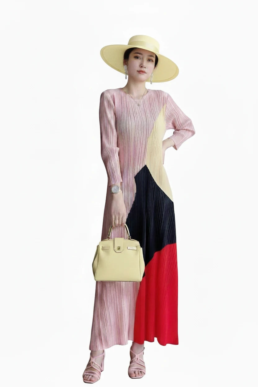 🍒Pleated colour block dress for women elegant geometric pattern outfit print long sleeve smart casual clothing for occasions wear loose A-line maxi dress designer clothes Pink Perfection