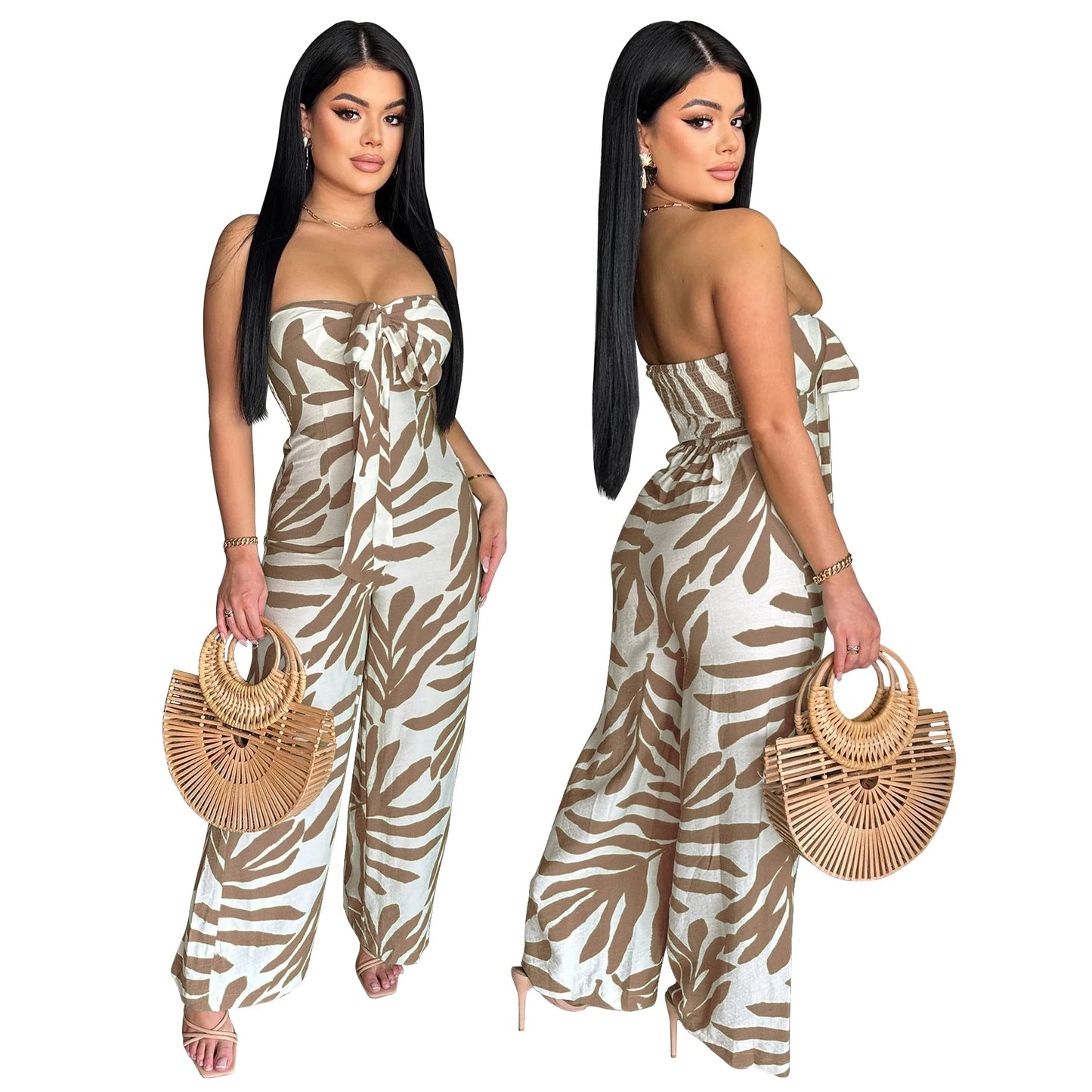 🍒 Gedrukte, noupassende jumpsuit met wye pype – klubdrag, strandpartytjie, vakansiedrag vir vroue, elegante gemaklike drag