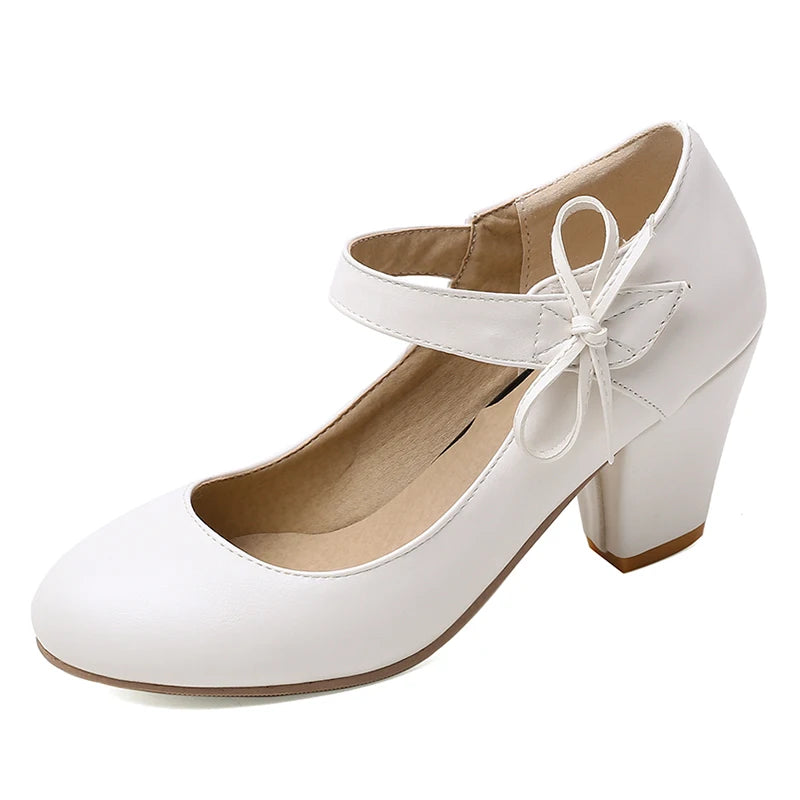 🍒Damespompe 7 cm hoë dik blokhakke ronde toon Mary Janes skoene trourok skoene kantoorskoene damesenkelbandhakke met strikkies
