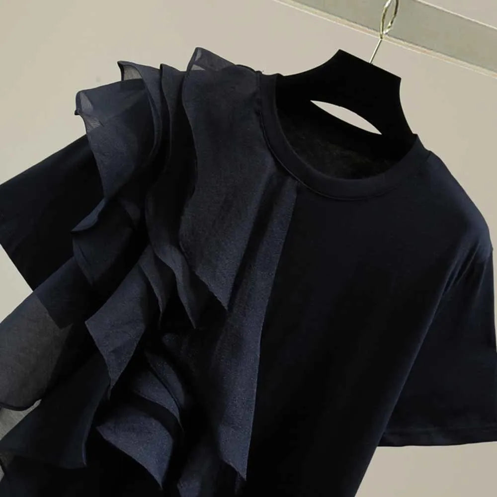 🍒Gemengde media rimpelwit tops vir vroue, O-nek kortmou gemaklike T-hemp, vroulike modeklere Somer