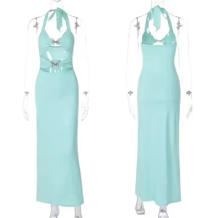 🍒Club outfits for women summer halter neck dress with bows fashion party occasion wear sleeveless backless maxi bodycon evening wear outfit