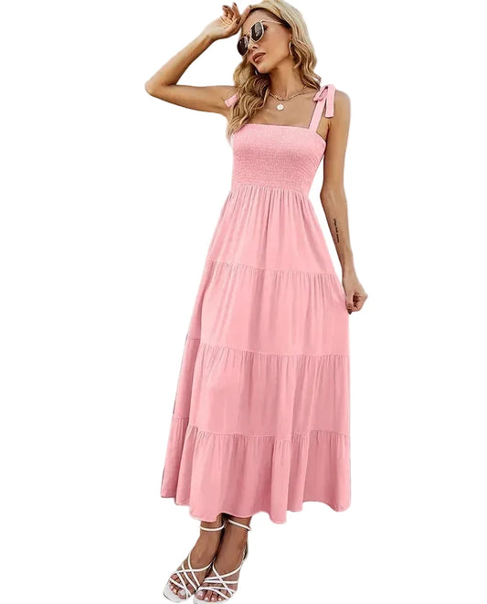 🍒Tiered summer dress summer sleeveless midaxi outfit for holiday spring summer clothing backless printed vacation wear cami dress for Women smart casual clothing Dress For Summer