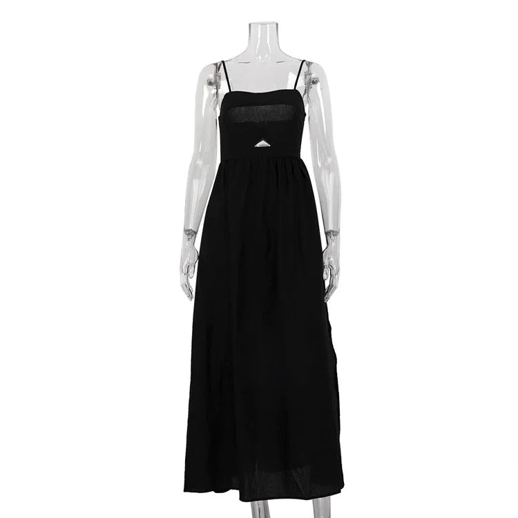 🍒夏季吊带连衣裙高腰纯色女士时尚休闲装场合服派对服饰 赞美这件黑色美人