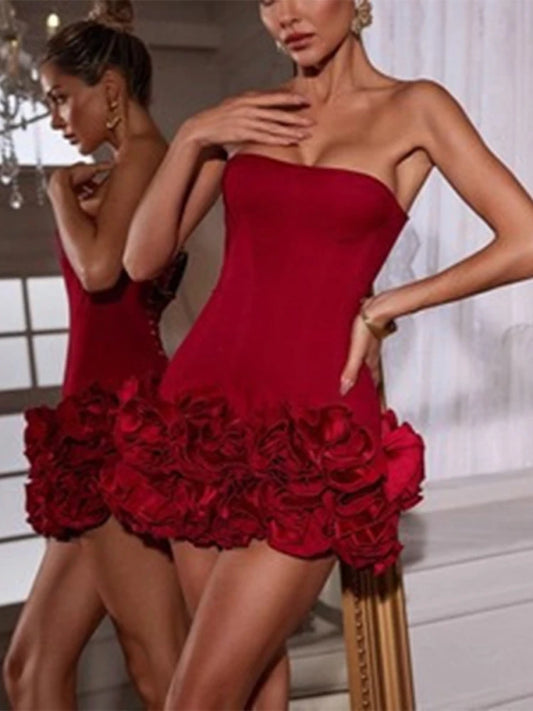 🍒Elegante rooi minirok met 3D-blomme vroue se slimpas bandeau-uitrusting tube top-rokke verstelbare visgraatontwerp partytjieklub geleentheidsklere Hot Rose