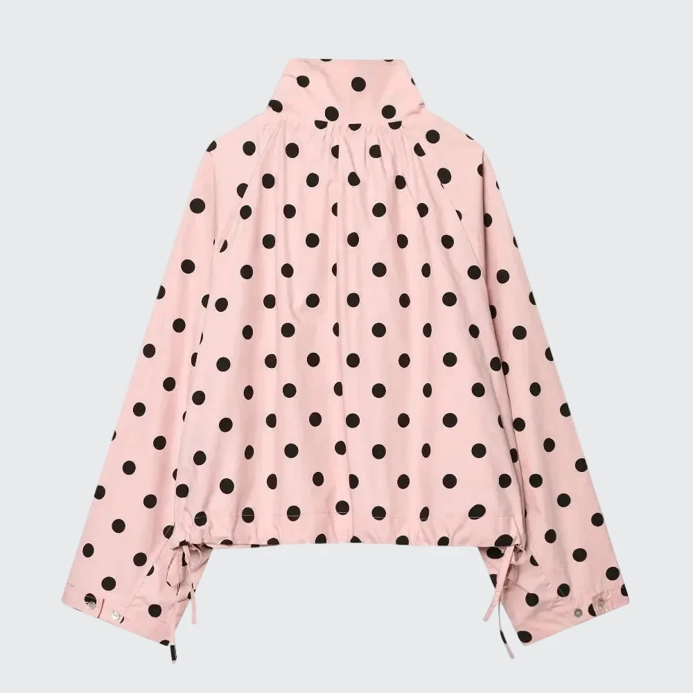 🍒Polka kol modieuse pienk baadjies lente/somer klere gedrukte los bedekkingsbaadjie-top met staankraag, sjiek gemaklike klere met trekkoorddetail Lente, Liefling