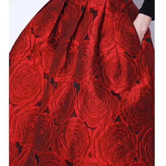 🍒Hoë middellyf pofferige romp roosrooi blomme kleredrag vroulike mode slim gemaklik vroue se oesjaar klere knielengte a-lyn geleentheidsklere mode 'n Roos Vir 'n Roos