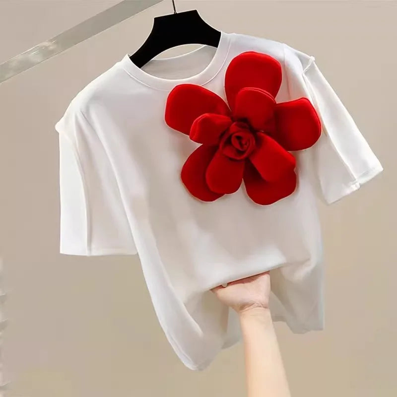 🍒 3D花朵T恤圆领白色T恤Y2k短袖夏季宽松上衣女甜美时尚服装大花T恤