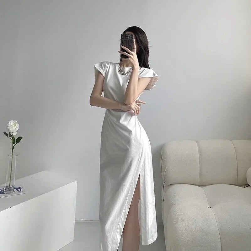 🍒Wit rokke slim gemaklik Vrouemode klere sjiek swart midi uitrusting eenvoudig elegant skraal Y2k styl klere Sny aan die kant Sygleuf Skraal