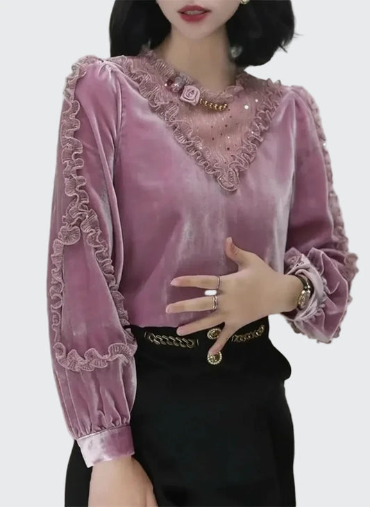 🍒Velvet patchwork blouse sweet womens ruffle top puff sleeve shirt vintage style clothing baroque beading sequin luxury lace fashion wear Move Into mauve