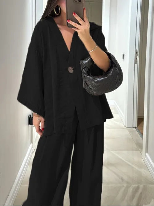 🍒Informele broekpak vir vroue, elegante langmou-uitrusting, enkelkleur wyebeenbroek en baadjie-stel, lente somer mode los tweestuk-partytjie-pajamas