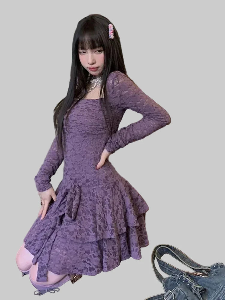 🍒Vierkantige nek minirok soliede kleur kant gemaklike uitrusting vir vroue skraal middellyf tuniek moue Y2k estetiese mode somerdrag elegante slim gemaklike kledingstuk Kry Kant In Pers