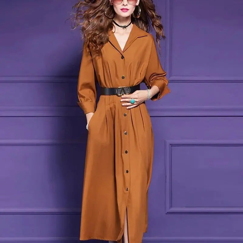 🍒法式衬衫连衣裙优雅纽扣系带套装女士春秋纯色时尚单排扣中长裙 选对目标,收获橙子