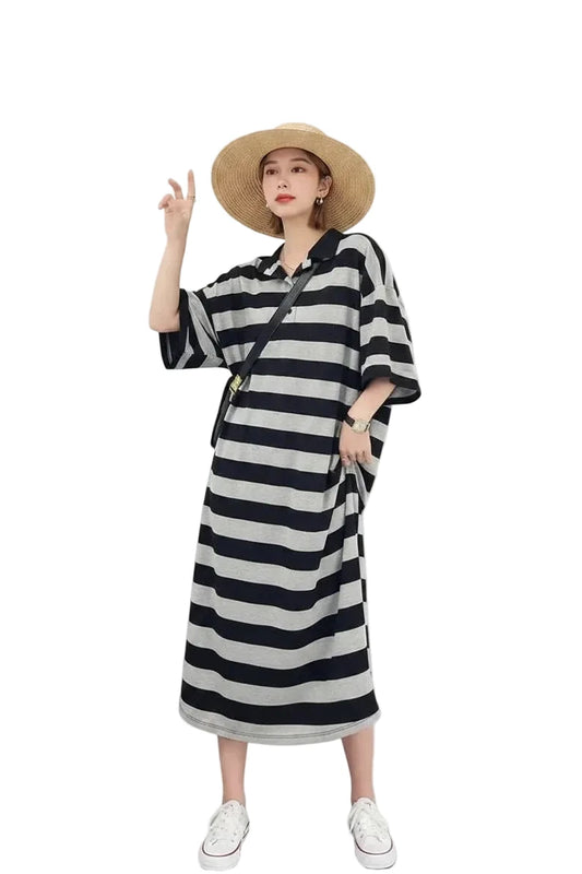 🍒Gestreepte somerpolohemp-rok T-hemp-rokke vir vroue kortmou plusgrootte midi-rokke middellengte-uitrusting oesjaar-mode gemaklike klere slenterende los gestreepte