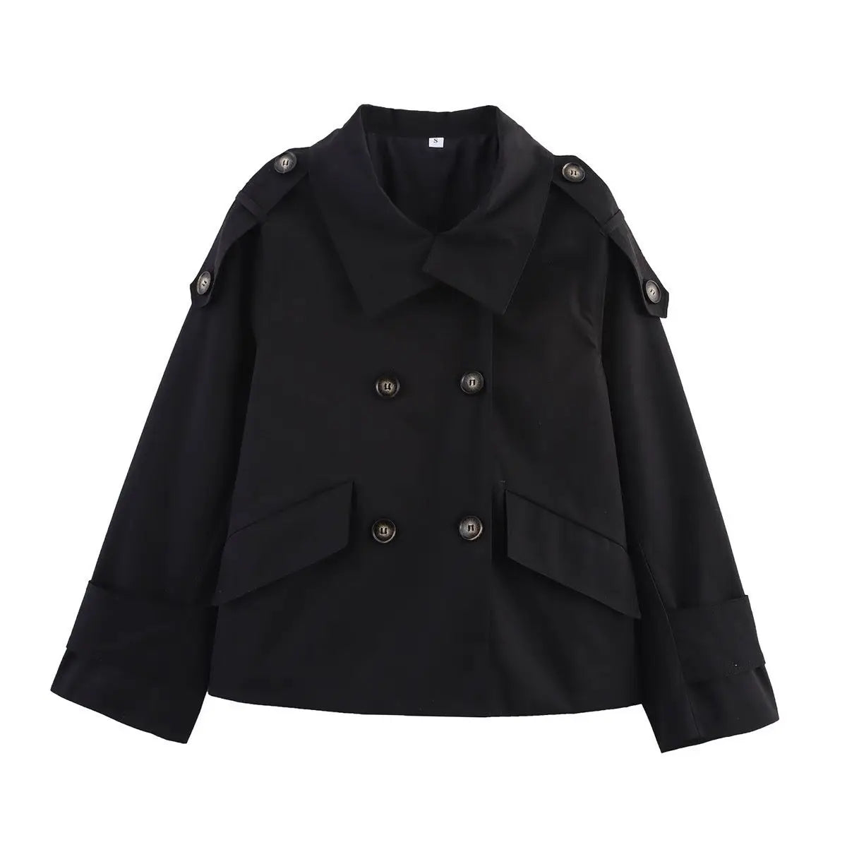 🍒Vintage dubbelbors oortrektrui pendeljas vroue los langmou baadjie lente herfs elegante staankraag buiteklere