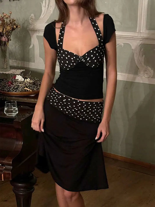 🍒Somer 2 stuk stel vroue bra t-hemp en oor-die-knie romp swart kolletjie druk straatdrag mode slim toevallig elegant party klub klere Kolle Om Saans Te Dra Kolle