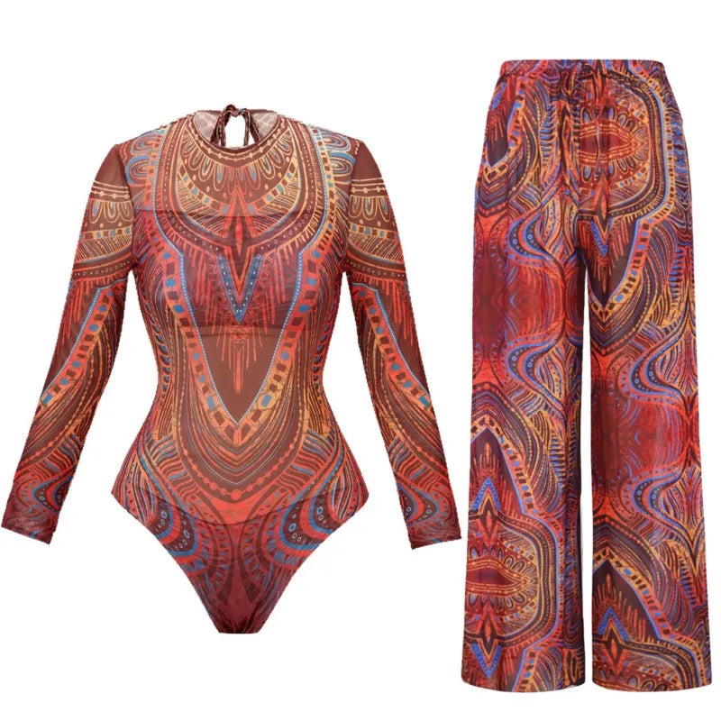 🍒Two piece set swimwear pants and swimsuit for women summer bathing suit and wide leg trouser beach cover up swimming suit set beach wear party outfit Suited For Swimming