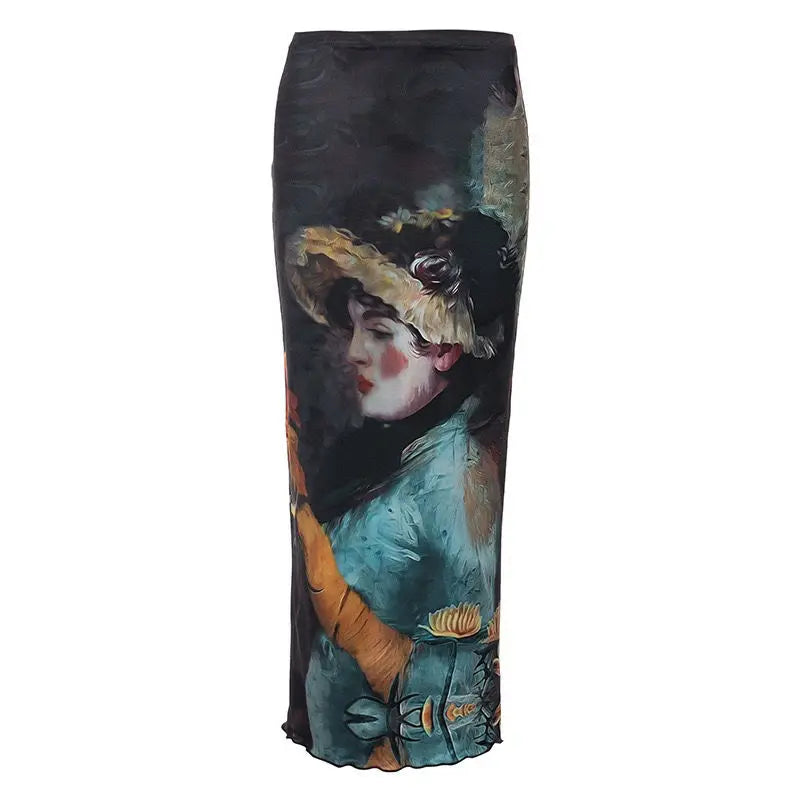 🍒Hoë middellyf gaasromp en bypassende druktop-modedrag vir vroue, skraal pasvorm bodycon vroulike kleding, slim gemaklike drag, vrouestraatdrag, vroulike olieverfskildery langmou-T-hemp en ruffelrand lang rompset, Pak Die Dag Aan Met Stylvolle Klere