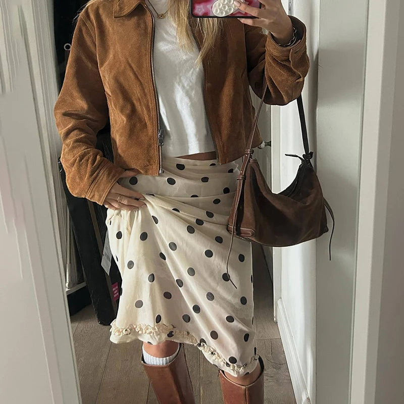 🍒Polka dot hoë middellyf romp dames chiffon kant romp oor knieë mode kantoor dame elegant a-lyn somerdrag Geen Polka-pret by hierdie Prettige Polka nie