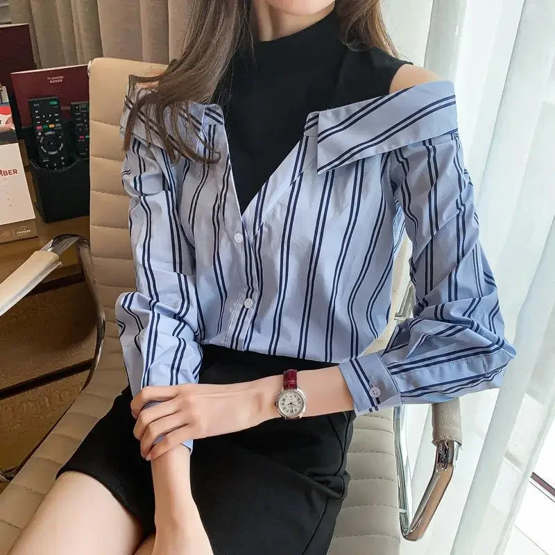 🍒 女式假两件衬衫棉质衬衫露肩上衣酷炫蓝条纹衬衫 女性独特潮流青春款