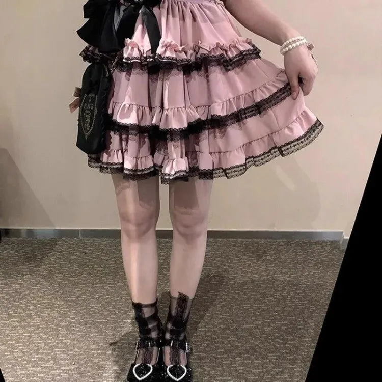 🍒Gelaagde pienk mini-romp harajuku soet lolita a-lyn mode vir vroue Y2k hoë middellyf koekrompe met geplooide kant somermode drag slim gemaklike klere Plaas Die Kersie Bo-op En Voeg Hierdie Koek By Jou Klerekas