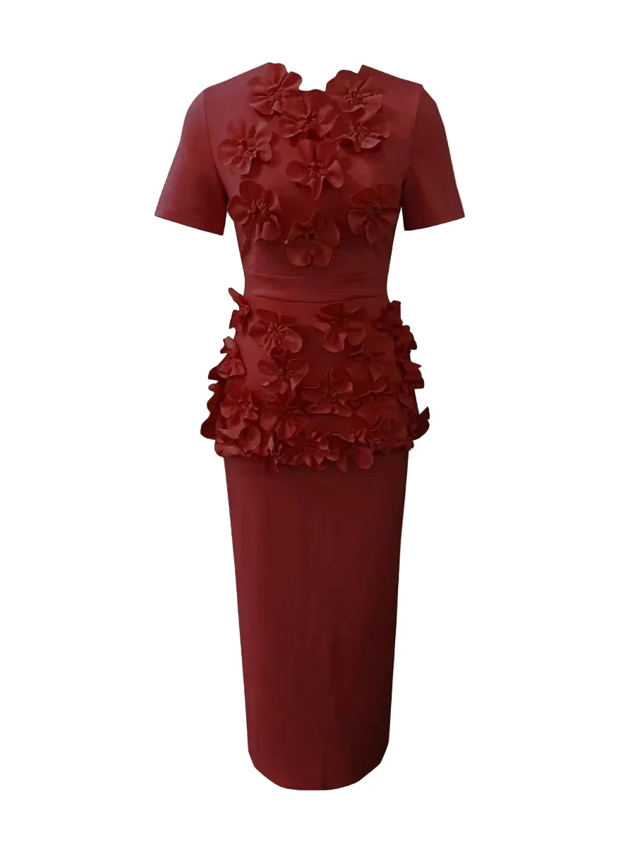 🍒Soliede 3D-blom tweedelige stel appliekuitrustings vir vroue, o-nek kortmou top en hoë middellyf rompstelle, vroulike kleremode, Blamange in Beauty