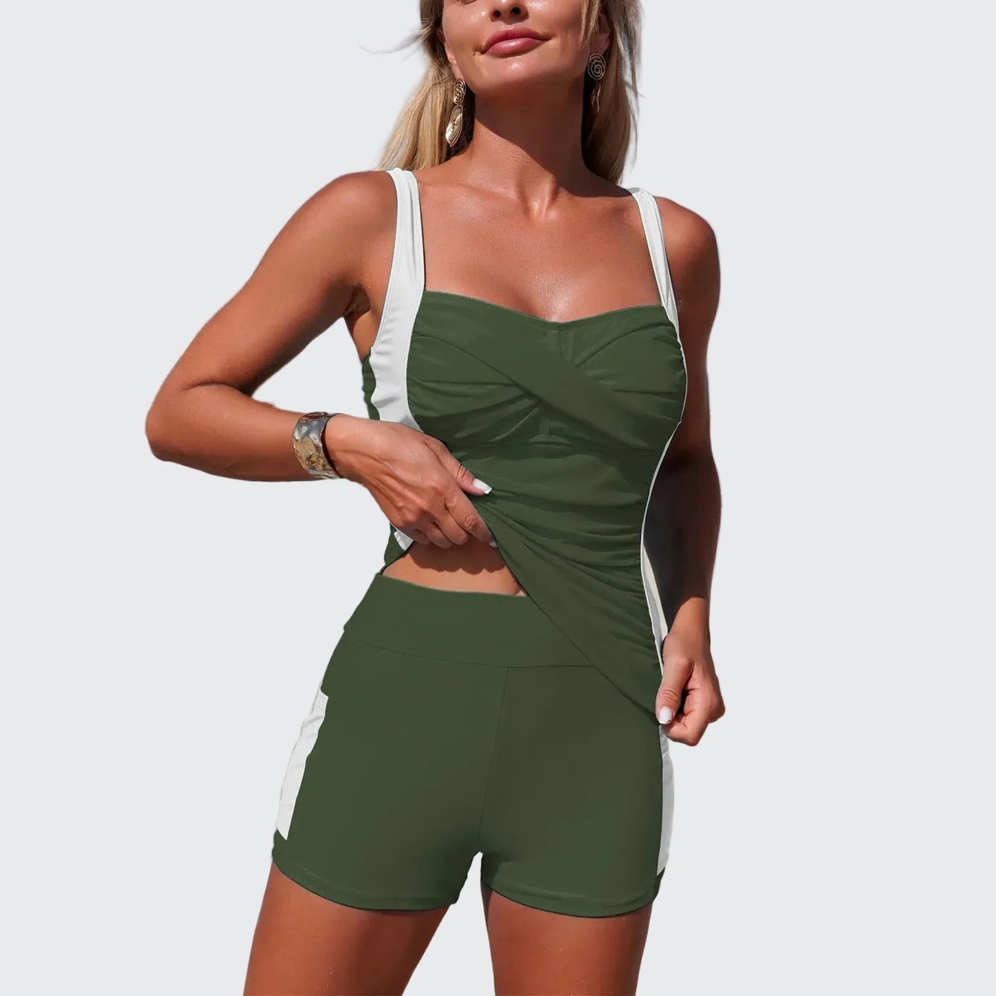 🍒Women's two piece swimsuits with pocket colour block sporty tankini bathing suit waist ruched swimming suit summer beachwear Top Up Your Tan In A Tankini
