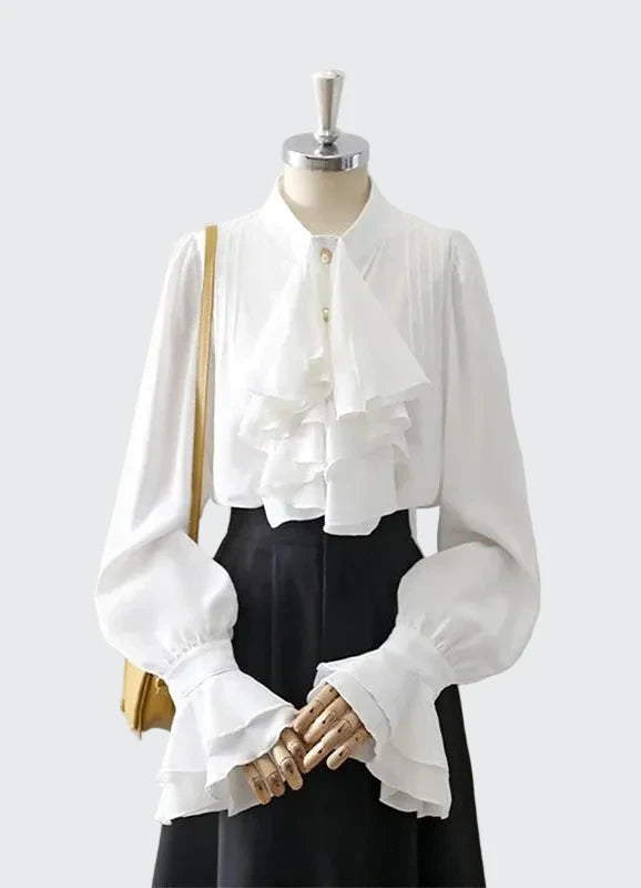 🍒Vintage blouse court style button fold flare sleeve slim pure white shirt with ruffles women elegant stand collar top female smart casual wear office clothing occasion clothing No One Will Judge You With This Cool Court Style Blouse