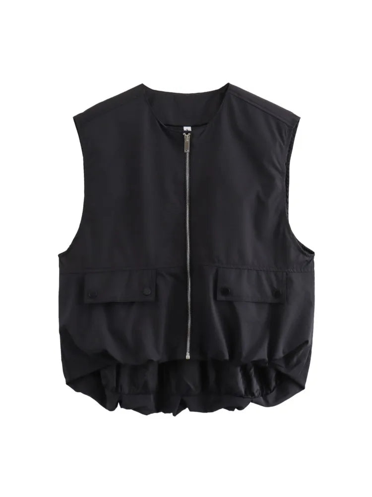 🍒Cargo style vest oversized light jacket o neck spring zipper pocket waistcoat female fashion crop top Y2K casual clothes Spring To This Zipper