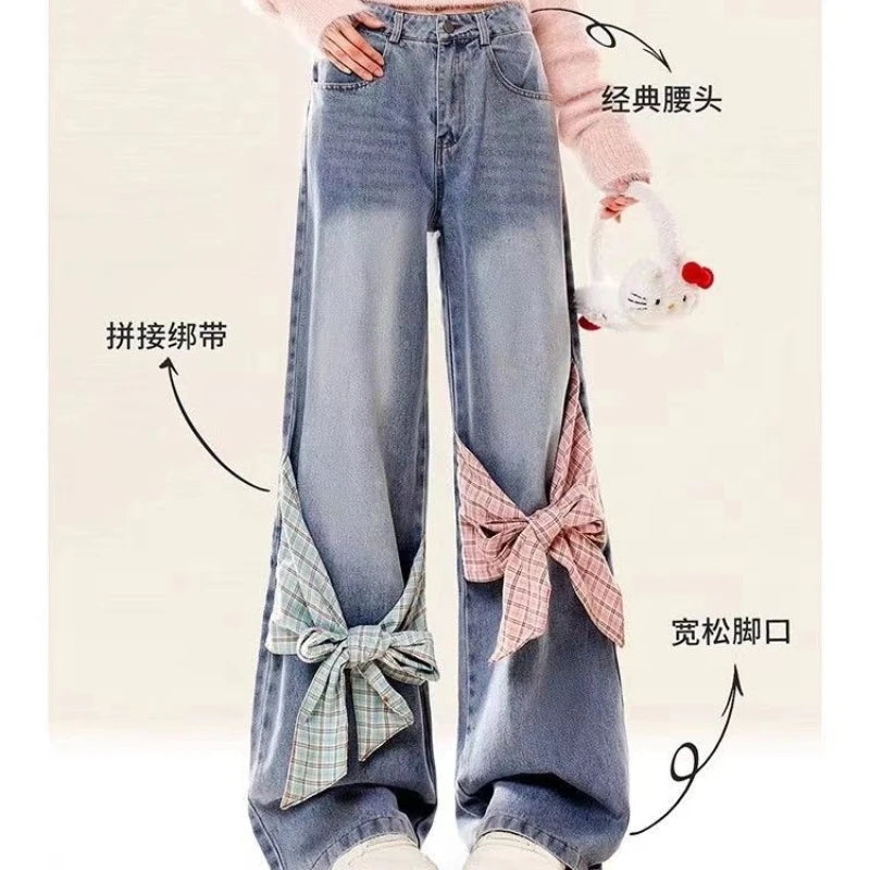 🍒 美式复古格纹拼色蝴蝶结女式牛仔裤,可系或散开,Y2k 宽松阔腿裤,横扫甜心
