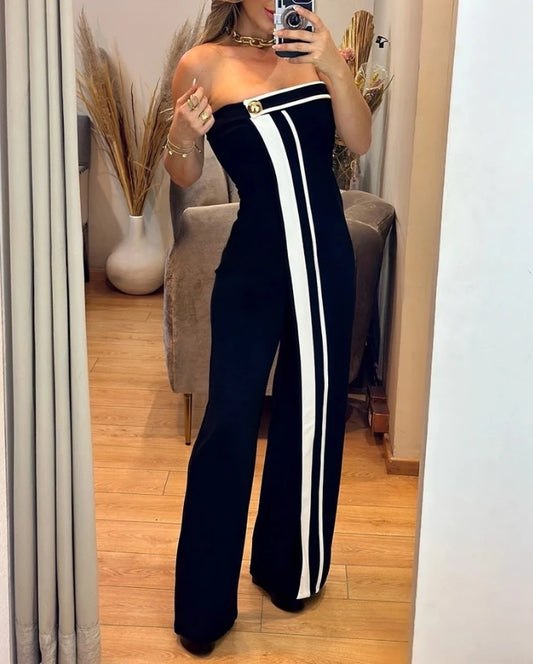 🍒Dames-oorpak bandeau uit een stuk kontrasterende romper moulose knoopversiering slim gemaklike klere vir vroue geleentheid partytjiedrag mode Klim Op Die Streep Band -eau Wa