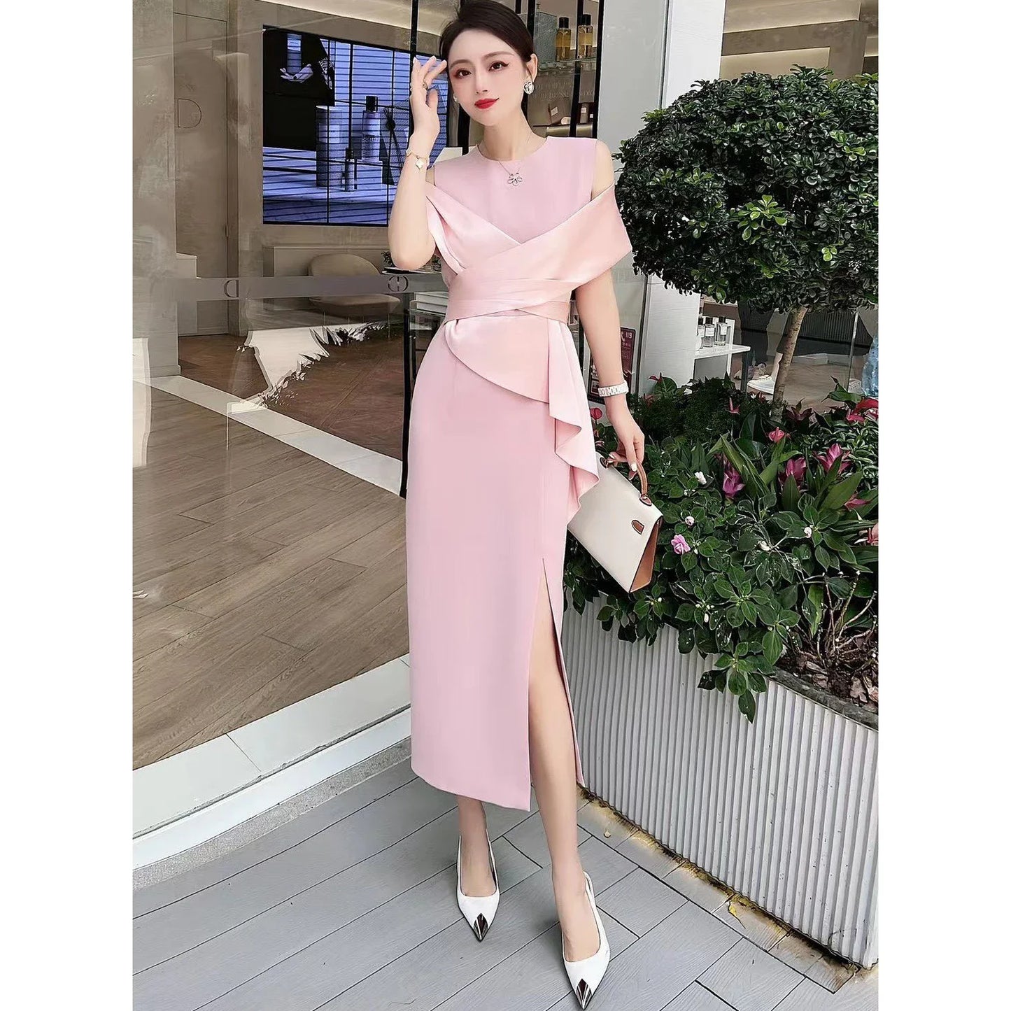 🍒 女士名人优雅晚礼服派对时尚露肩装高腰开衩高端场合服