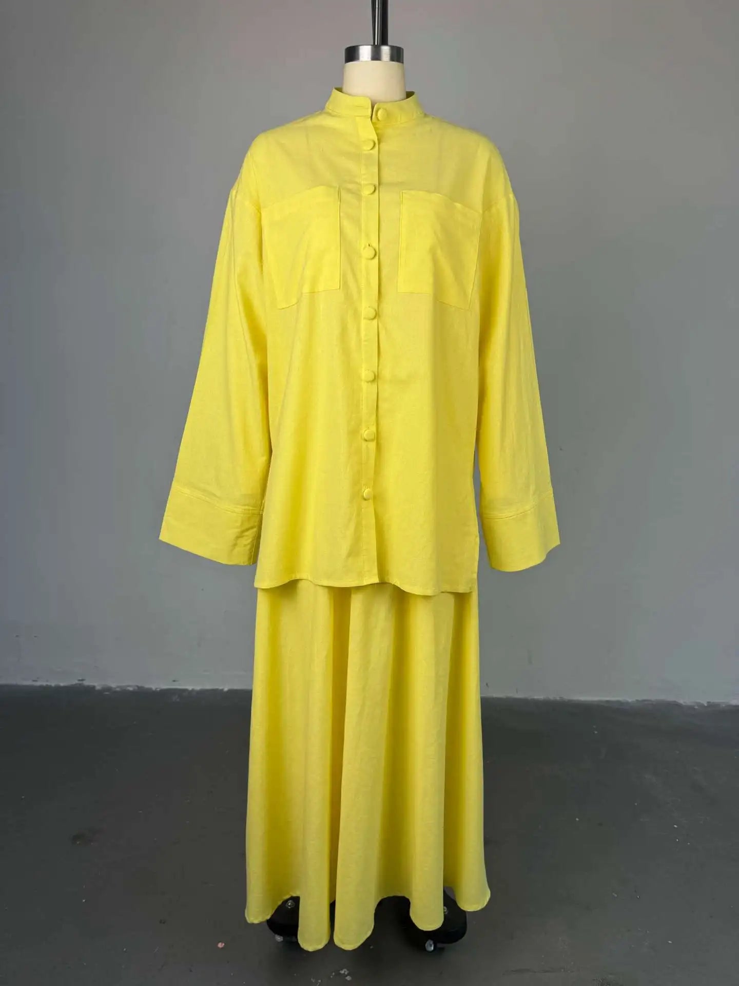 🍒Tweedelige vroueklere-stelle somerdrag afdraaikraag-hemp volmou-top plus gedrapeerde lang romp uitrusting maxi vroulike mode ontspanne slim gemaklike drag Kalk In Jou Suurlemoen