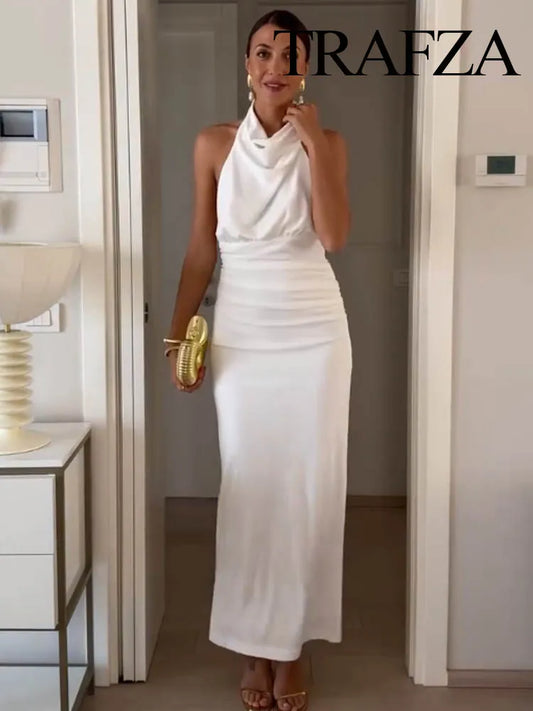 🍒Style sleeveless dresses solid backless halter Fold Decorate Button zipper Female Summer Slim Long Dress 3 Color