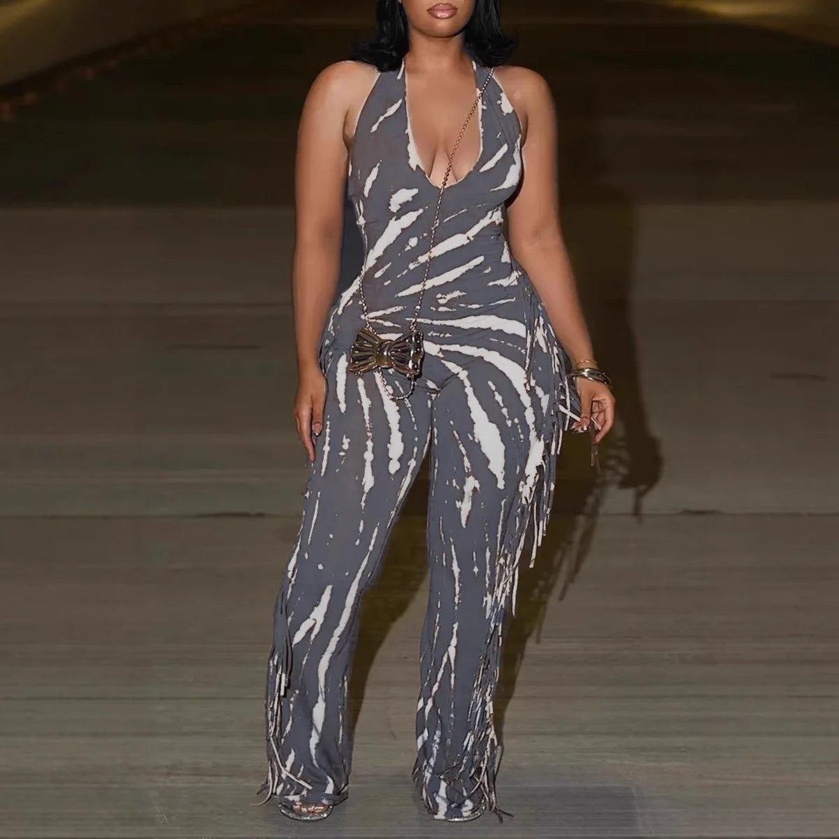 🍒 Bodycon Jumpsuit met kwassies vir vroue, halter-uitrusting, ruglose skraal lang rompers vir vroue, vroue se klubdrag, partytjiedrag, mode. Bederf Jouself Met 'n Sjokoladewervel