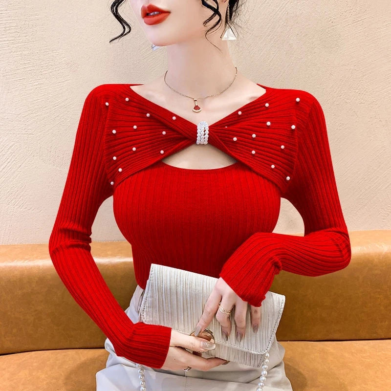 🍒Autumn/winter sweaters with v neck women pullover fashion Y2k clothes solid bow pearls Long sleeve knitted tops smart casual occasion wear knit A Bow knot Into Your Fashion