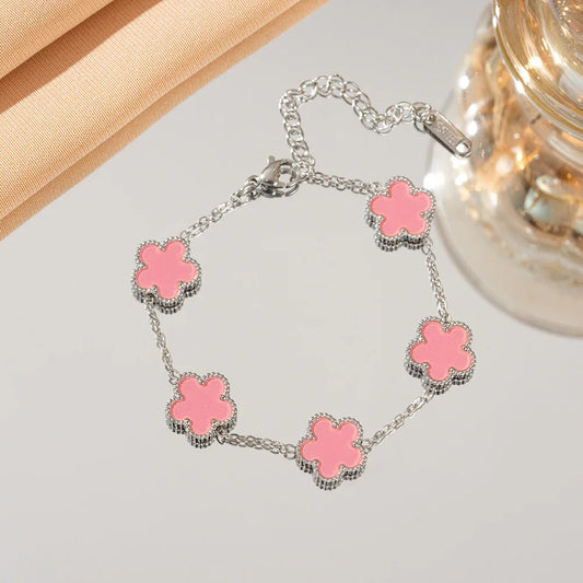 🍒Vyfblaar-klawerarmband blomblaar-skulparmband vir vroue dubbelzijdige bloeiselblom slim gemaklike vlekvrye staal juweliersware kleurvolle bykomstighede delikaat en duursaam
