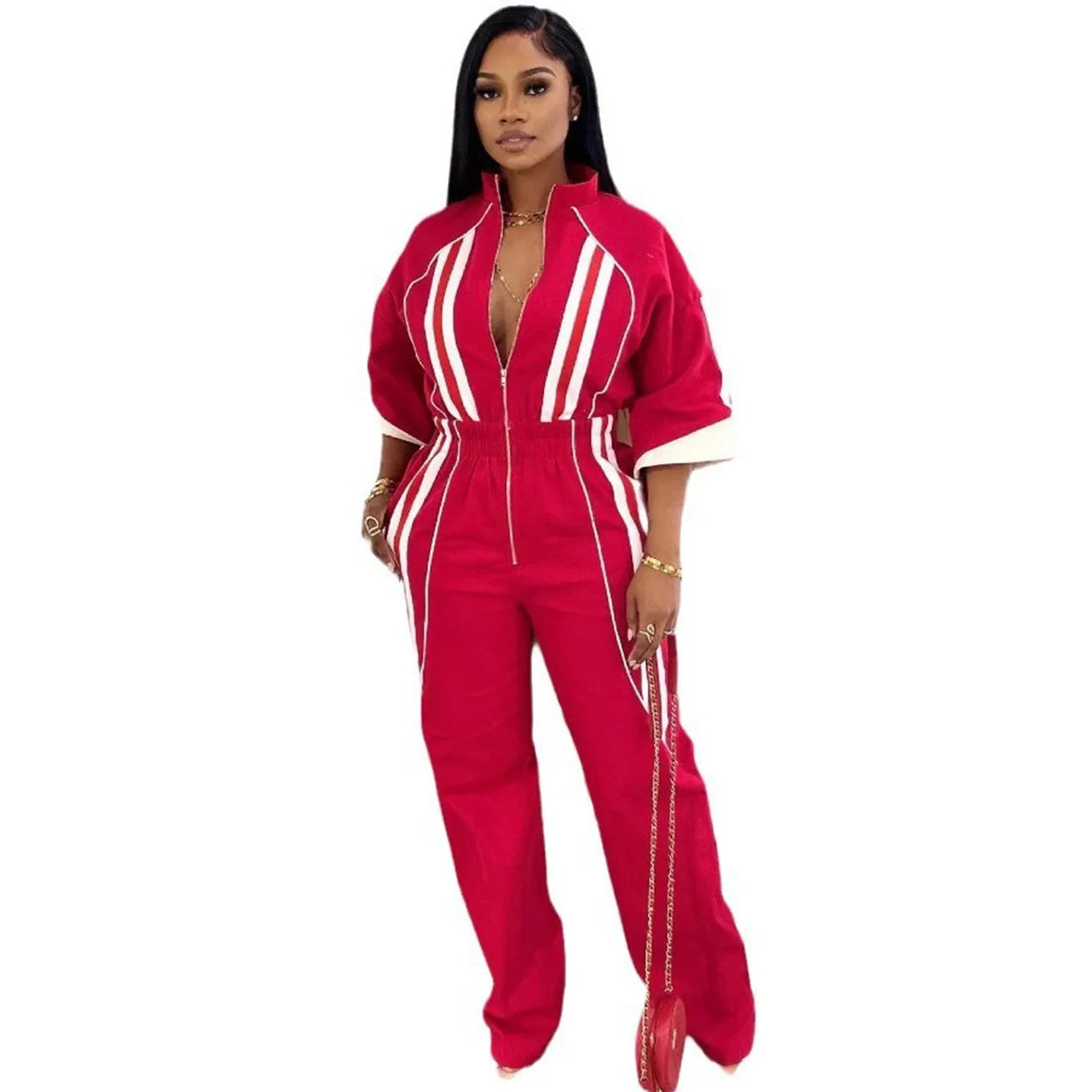 🍒Women Jumpsuits 3/4 sleeve stripe loose fashion rompers wide leg pants one piece trousers for women smart casual summer clothing Sport Stripes