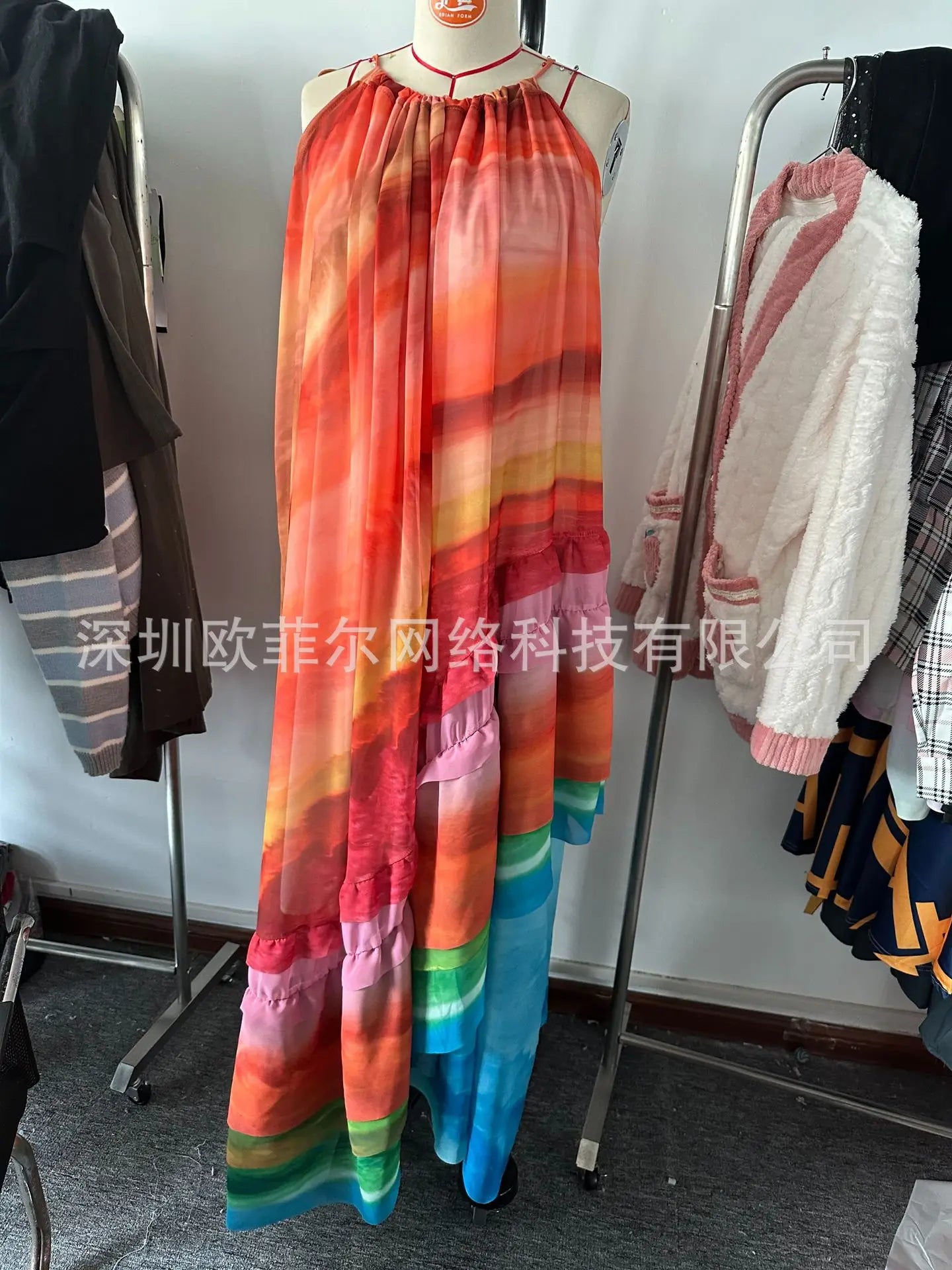 🍒Chiffon nekdasrok dames lente somer uitrusting gedrukte moulose maxi rok kleurvolle druk partytjie drag los rokke vir geleenthede Multiply Multi colour