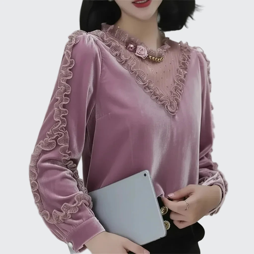 🍒天鹅绒拼布衬衫甜美女士荷叶边上衣泡泡袖衬衫复古风格服装巴洛克串珠亮片奢华蕾丝时尚穿搭 迈入紫红色