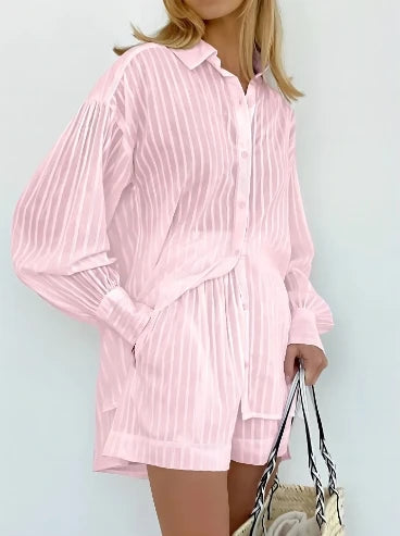 🍒女士时尚两件套,条纹泡泡袖衬衫和短裤套装,休闲服饰,穿着凉爽透气。