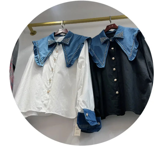 🍒Sequinkatoenhemp met krale-ruchebloes vir vroue swart geleentheidhemp Y2k langmou geleentheidsblad vroulike modeaandrokpartytjieklere-toppe Lyk Golwend In Jou Geriffelde Gevoue