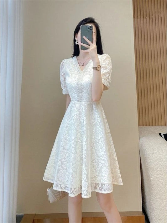 🍒Spesiale geleentheid rokke vir vroue, midi-rok in wit kleur kant, eenstuk elegant sjiek somermode plusgrootte klere
