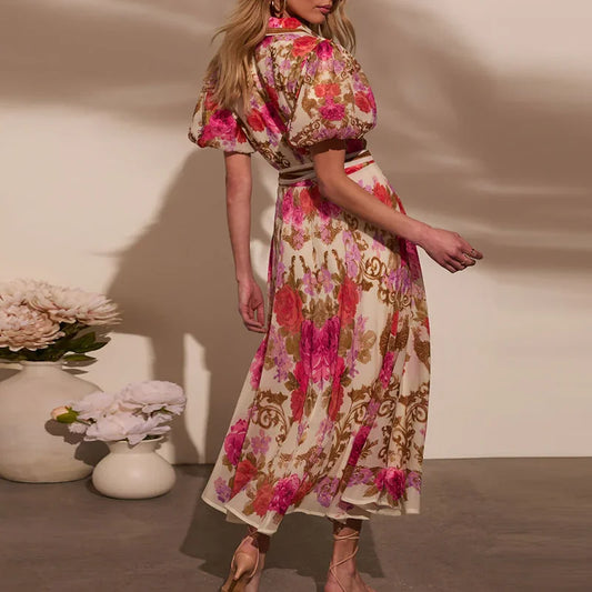 🍒Floral Print Bohemian dress summer party chic outfit button up womens evening party wear Long maxi outfits elegant single breasted shirts dress