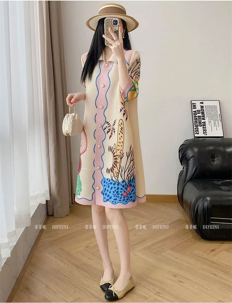 🍒时尚衬衫裙风格女式智能休闲装中长款服装美丽印花设计师A字形连衣裙宽松夏装纽扣衬衫裙