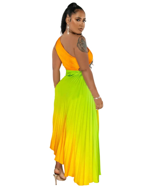 🍒One shoulder midi multicolour gradient printed dress pleated roll waist irregular hem maxi dress big sundial style midaxi outfit Sweet Summer Sundial